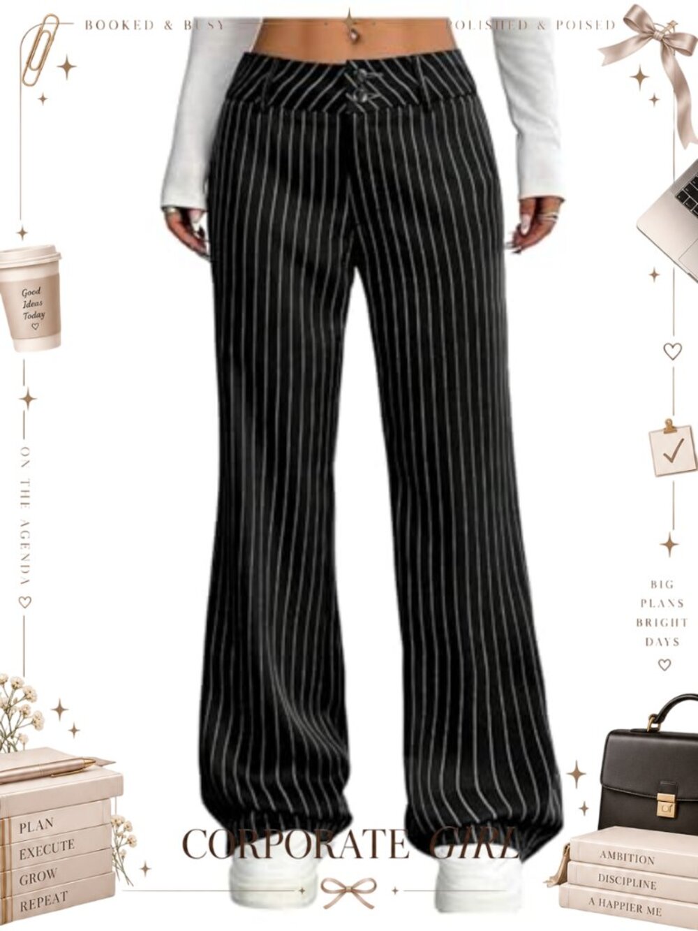 Women's Striped Wide Leg Dress Pants Low Rise Business Casual Trousers